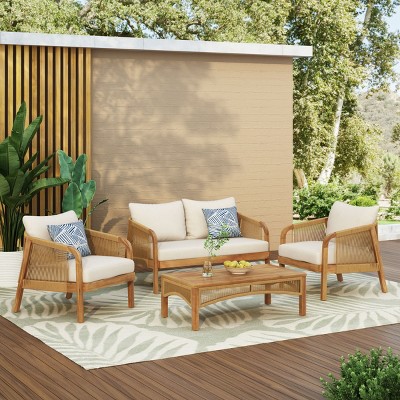 4-Piece Acacia Wood Outdoor Furniture Set with Faux Rattan and Water-Resistant Cushions for Patio or Deck-Baofuwish