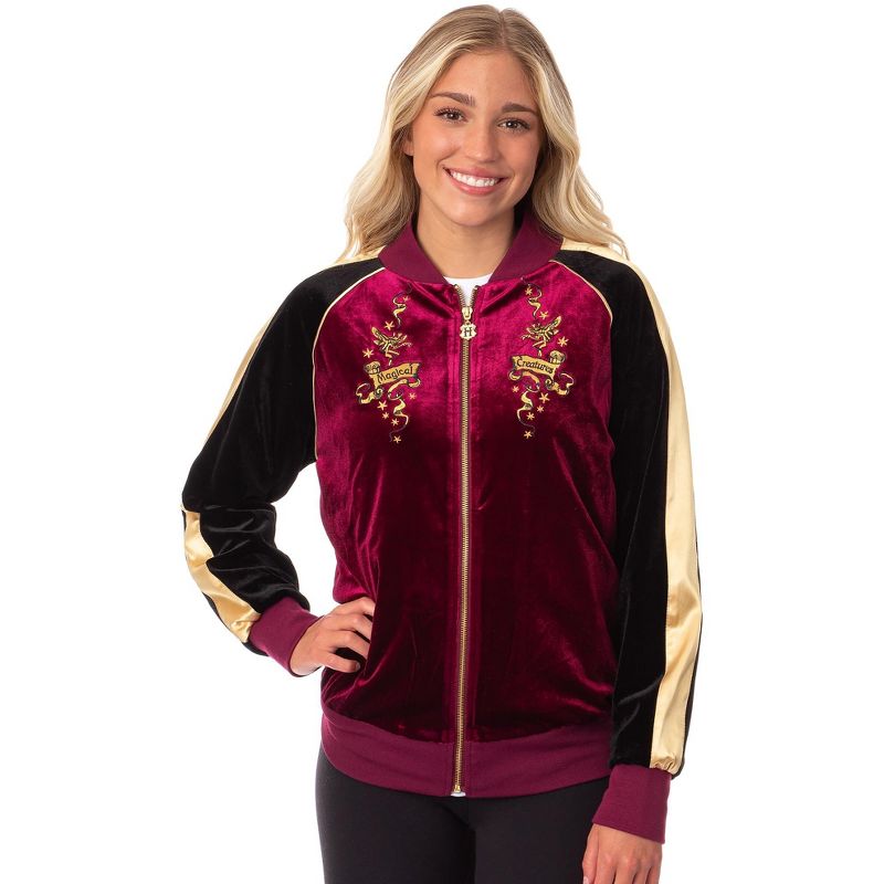 Harry Potter Womens' Magical Creatures Bomber Velour Zip-Up Jacket, 1 of 6