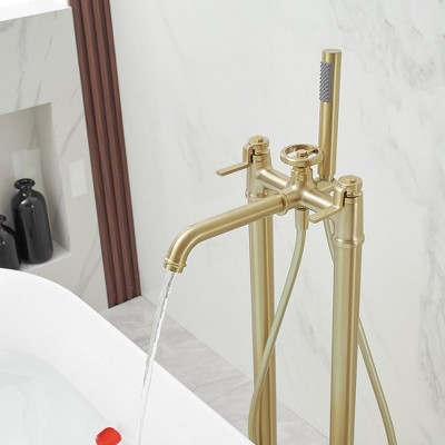 Brushed Gold 2-Handle Deck-Mount Roman Tub Faucet with Hand Shower