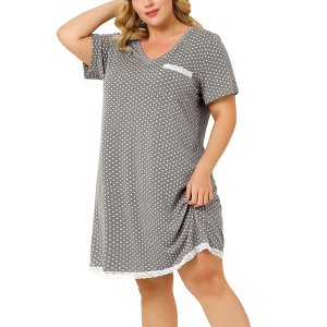 Women's Plus Size Pajamas Polka Dots  Lace Trim V Neck Short Sleeve Lounge Midi Nightgowns with Pocket - Agnes Orinda - 1 of 4