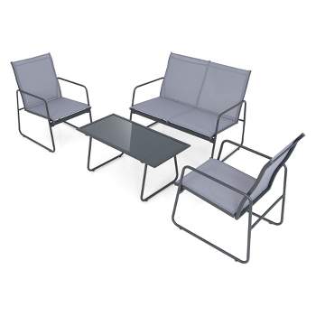 Tangkula 4PCS Metal Outdoor Conversation Set Patio Furniture Set w/ Glass Table