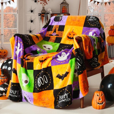 Halloween Fleece Throw Blanket, Pumpkin, Leaves Fall Plaid Blanket, Soft Fuzzy Plush for Couch Sofa or Bed, Luxury Flannel Lap Blanket
