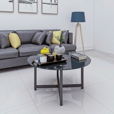 Round Glass Coffee Table, Clear Coffee Table With Round Tempered Glass Top, Metal Frame, Mid Century Side End Table