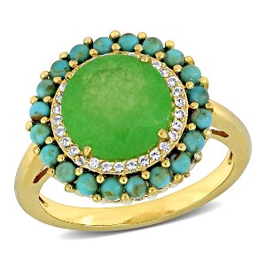 EVERLY JEWELRY | Yellow Plated Sterling Silver 3.76 CT TW dyed Green Jade and Created White Sapphire and compressed light blue Turquoise Fashion Ring - 1 of 4