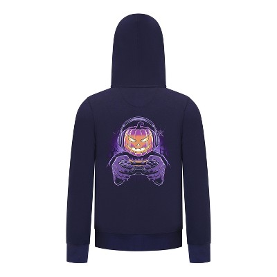 Everyday Kids Halloween Zip Up Hoodie – Gamer Pumpkin with Headphones and Controller – Cozy Fall Sweatshirt for Boys