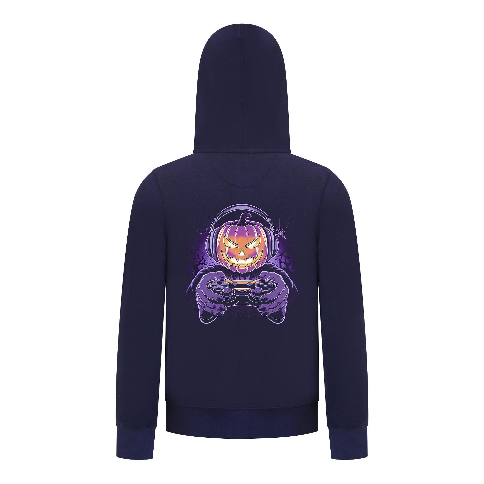 Everyday Kids Halloween Hoodie – Gamer Pumpkin with Headphones and Controller – Cozy Sweatshirt for Boys, Navy, Size 10/12