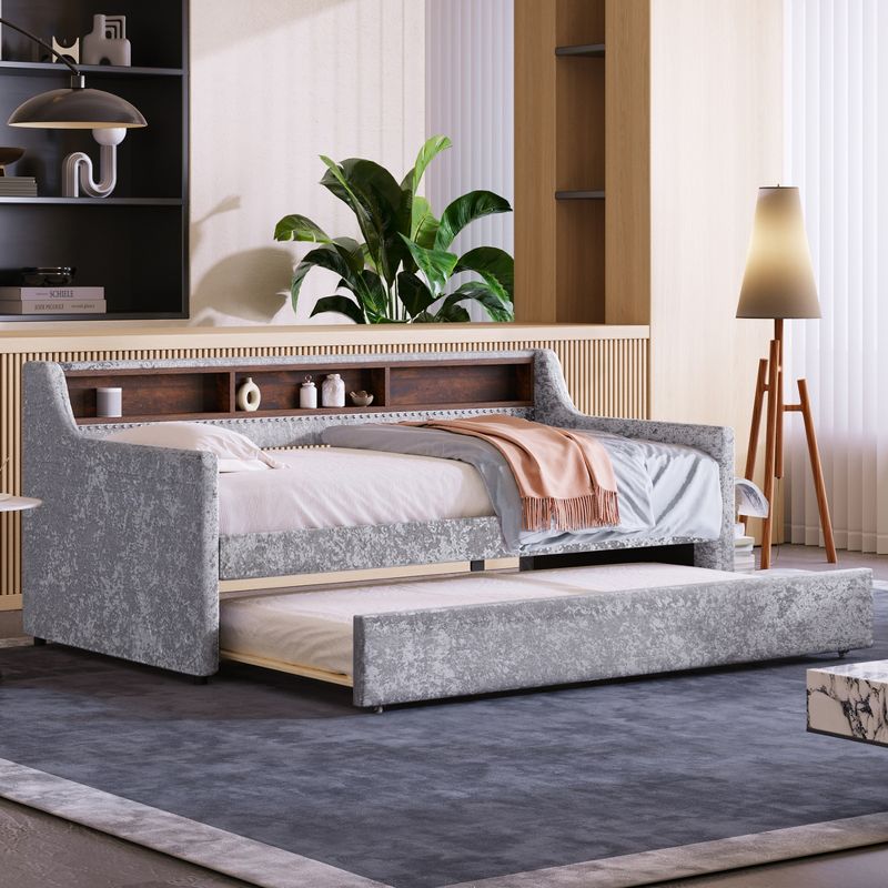 Twin Size Snowflake Velvet Daybed, Upholstered Platform Bed with Trundle/Drawers and Built-in Storage Shelves-ModernLuxe, 1 of 11