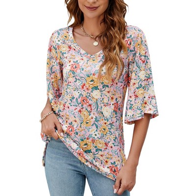 Women's 3/4 Sleeve Tunic Tops Casual V Neck Dress Shirts Floral Printed Loose Fit Pleated Blouses