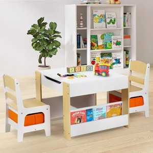 Kinder King Kids Wood Table & 2 Chairs Set, 4 in 1 Children Activity Table w/Double Bookcase, Blackboard, Toddler Furniture Set - 1 of 4
