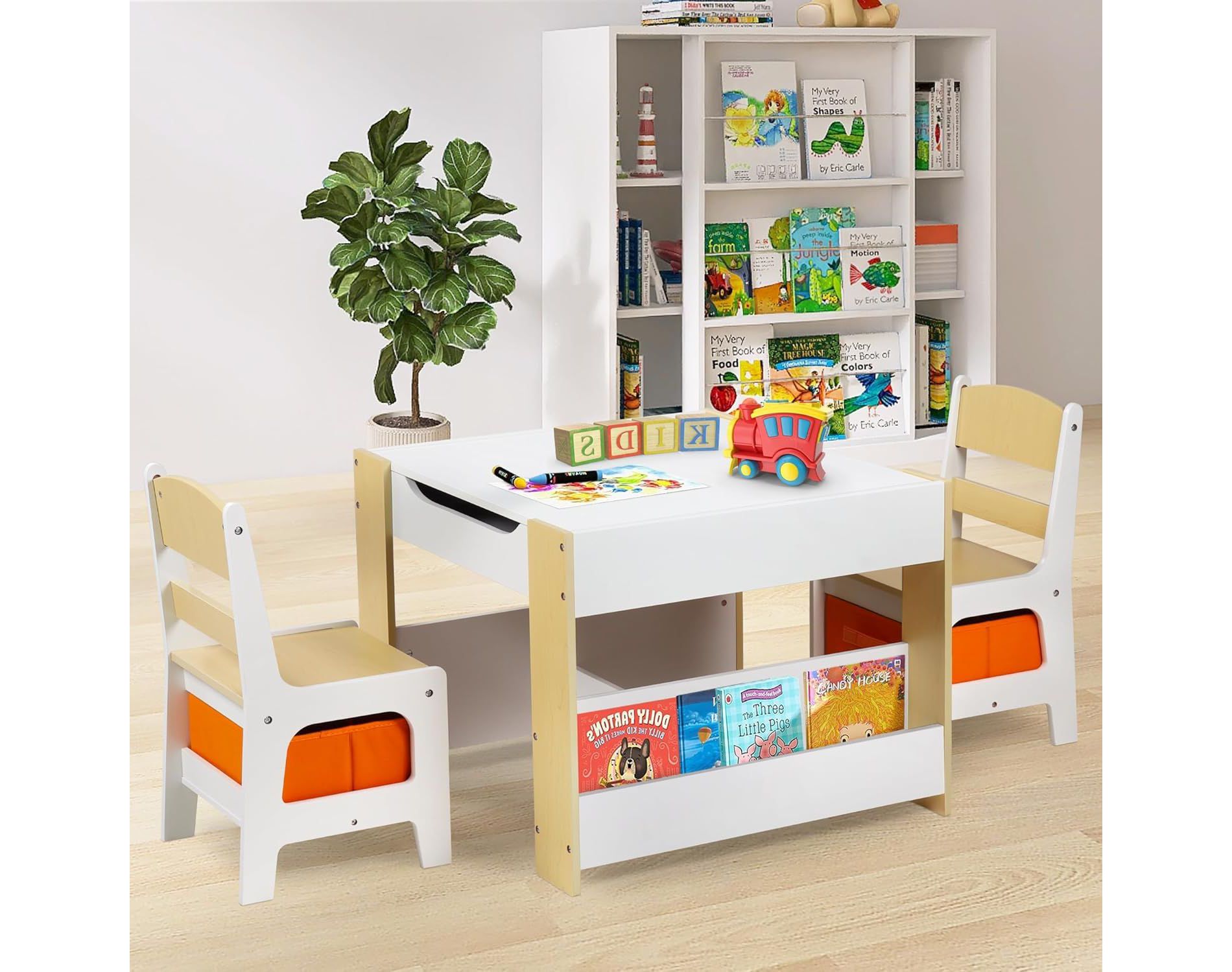 Kinder King Kids Wood Table & 2 Chairs Set, 4 in 1 Children Activity Table w/Double Bookcase, Blackboard, Toddler Furniture Set, Natural