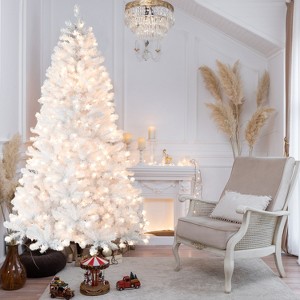 9FT White Pre-Lit Tree 650 Warm Incandescent 1930 Tips Memory Wire Hinged Metal Stand - 1 of 4