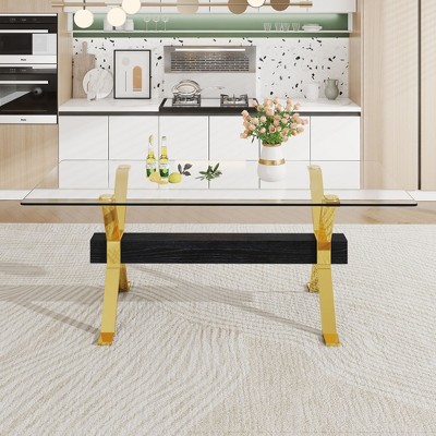 PAGED Rectangle Dining Table Modern Kitchen Table with Glass Tabletop, MDF Crossbars and Metal Legs, 71" Living Room Table for 6/8 Person