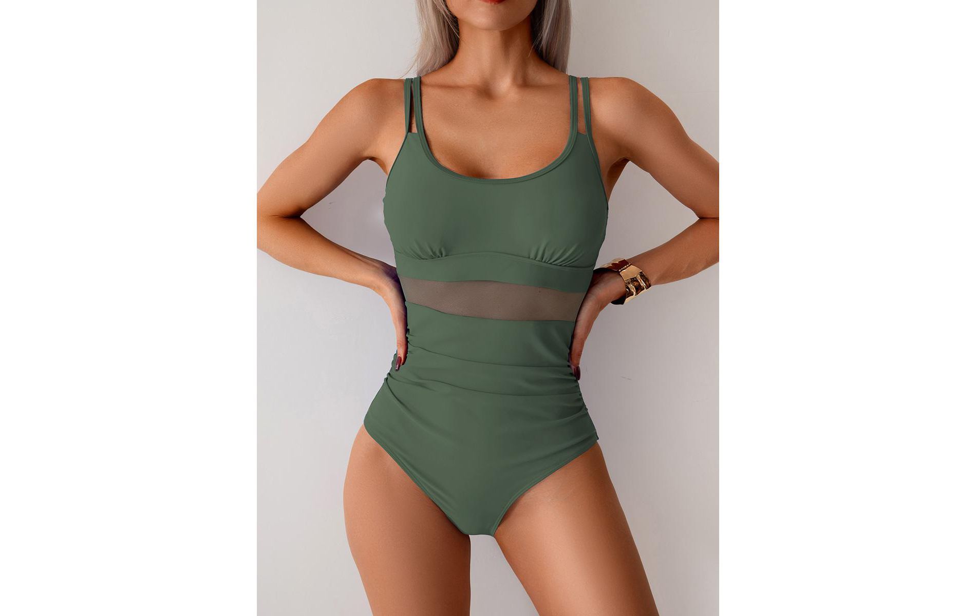 BLUEMING Womens One Piece Swimsuits Mesh Tummy Control Scoop Neck Adjustable Straps Bathing Swimsuits