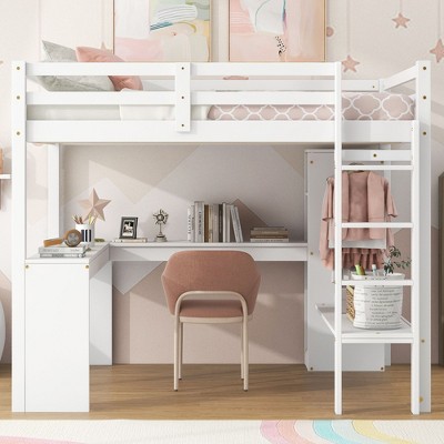 CAVINAS Twin Size Loft Bed Wooden Bed Frame with L-Shaped Desk, Shelves, Wardrobe and Ladder for Bedroom