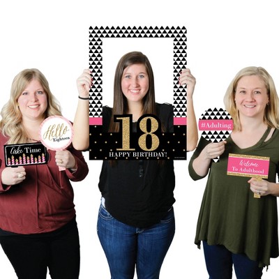 Big Dot of Happiness Chic 18th Birthday - Pink, Black and Gold - Birthday Party Selfie Photo Booth Picture Frame & Props - Printed on Sturdy Material