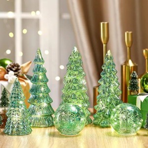 6 Pcs Mercury Glass Christmas Tree for Tabletop Light up Figurine Christmas Tree Mercury Cracked Glass Globe w/Light for Xmas Centerpiece Mantel Gift - 1 of 4