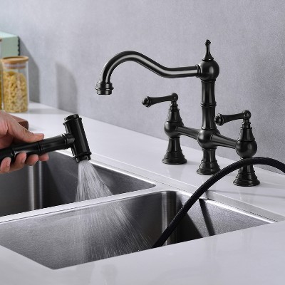 DOMETOUR Dual Handles Kitchen Faucet With Pull-Out Side Spray in