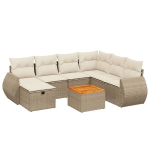 vidaXL 8 Piece Patio Sofa Set with Cushions Beige Poly Rattan - Beige and Cream 3x Corner 3x Middle Footrest Table - 1 of 4