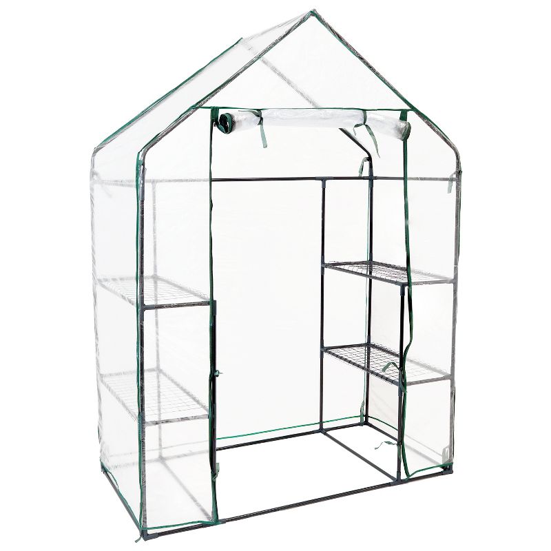 Sunnydaze Outdoor Portable Tiered Growing Rack Deluxe Walk-In Greenhouse with Roll-Up Door - 4 Shelves - Clear - 54" x 28" x 77", 1 of 13