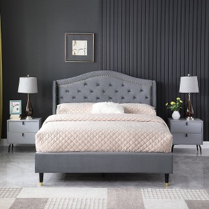 California King Size Velvet Bed Frame with Headboard Upholstered Platform Bed - Morden Fort - 1 of 4