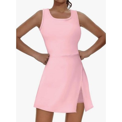 Women's Sleeveless Golf Tennis Dress Crew Neck Side Slit Workout Athletic Dresses with Built-in Bra Shorts and Pocket