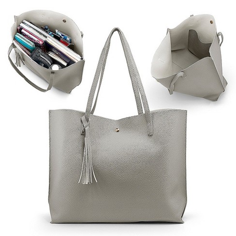  EB Light Grey Leather Tote Bag - Hand Stitched Full