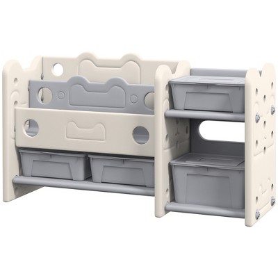 Vynxaria Kids Toy Storage - 2-Tier Toy Organizer with 4 Storage Boxes & Bookshelves for Playroom in Cream White