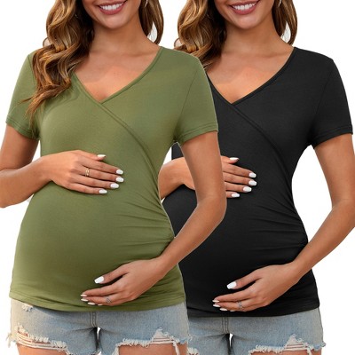 INSPIRE CHIC 2 Pcs Women's Soft Material Faux Wrap Side Ruched Cross V Neck Maternity Top