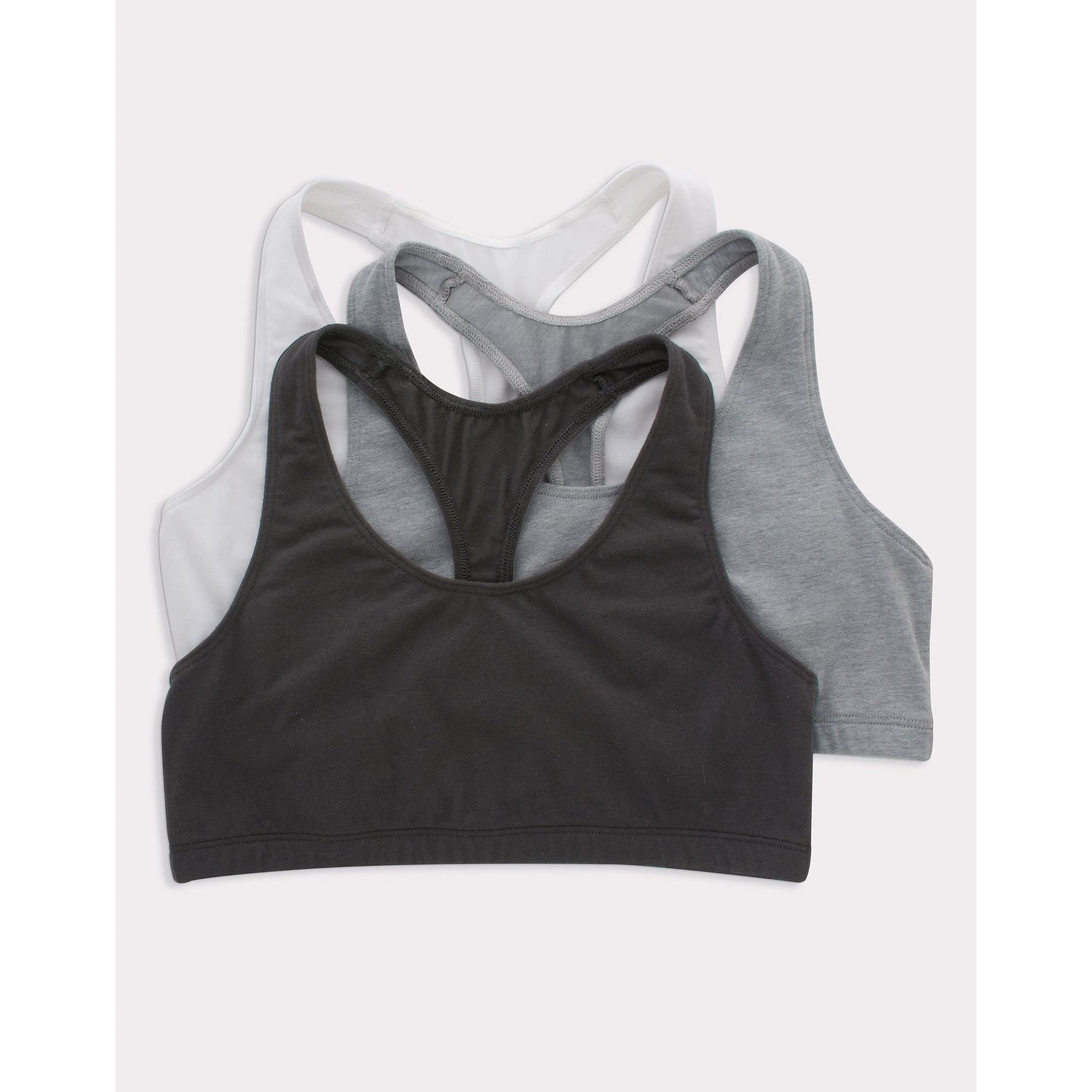Hanes Women's Cotton Racerback Sports Bralette, Low Impact, 3-Pack White/Concrete Pe Heather/Black XL
