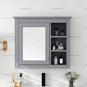 Vynxaria 30" x 28" Wall-Mounted Medicine Cabinet with Mirror and 3 Open Shelves - Modern Bathroom Storage Solution£¬Grey - 1 of 4