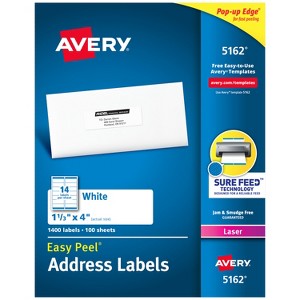 Avery Easy Peel Printable Address Labels with Sure Feed, 1-1/3" x 4", White, 1,400 Blank Mailing Labels for Laser Printers (5162) - 1 of 4