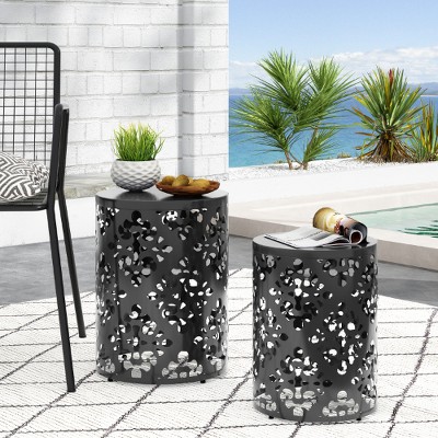 Modern Iron Patio Side Table with Floral Cut Design, Cylindrical Outdoor End Table, Iron-cut Outdoor End Table for Patio -Christopher Knight Home