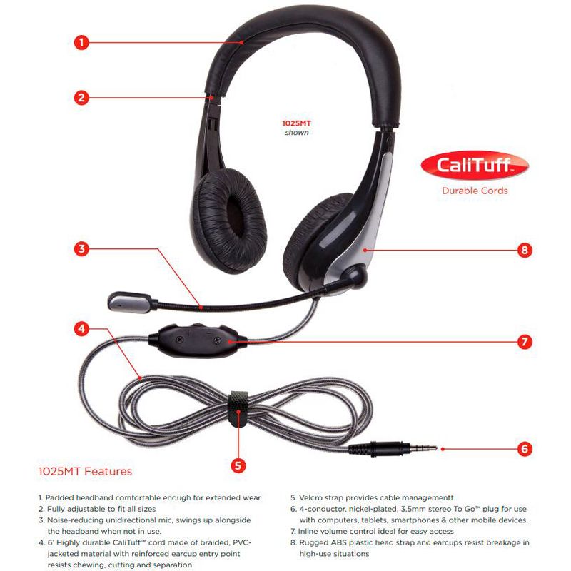 Califone NeoTech 1025MT On-Ear Stereo Headset with Gooseneck Microphone, 3.5mm Plug, Black/Silver, 2 of 9