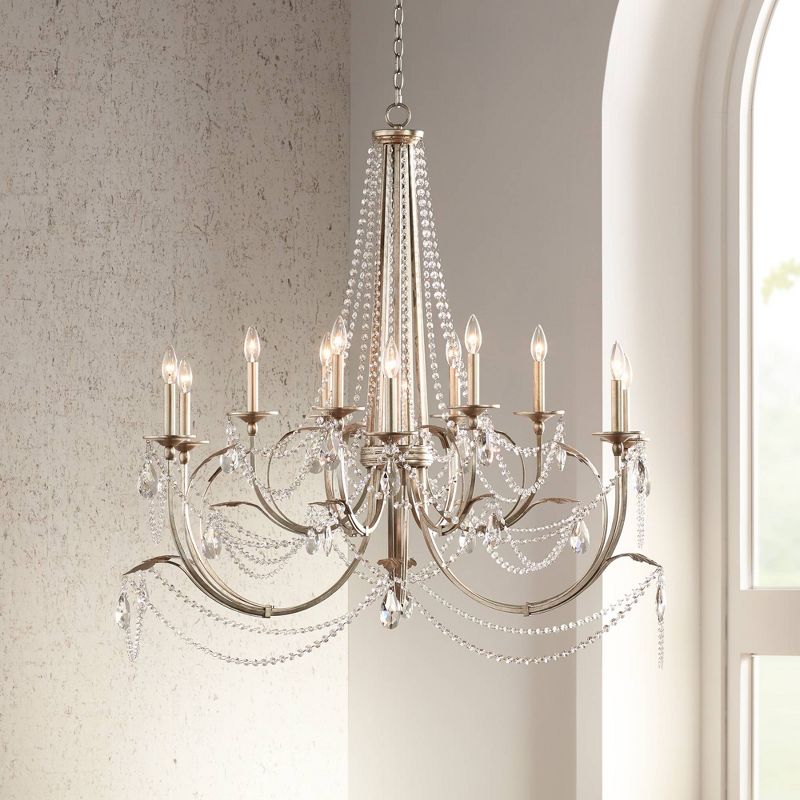 Regency Hill Strand Silver Leaf Chandelier 46" Wide French Beaded Crystal 12-Light Fixture for Dining Room House Foyer Kitchen Island Entryway Bedroom, 2 of 8