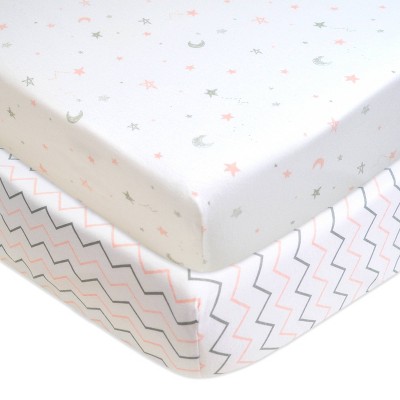 Image of TL Care Printed 100% Cotton Knit Fitted Crib Sheet - Star Zigzag Pink 2pk