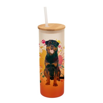 100 North 25 Ounce Frosted Glass Gradient Travel Tumbler With Straw & Wooden Lid, Rottweiler Dog Paint Splatter Orange