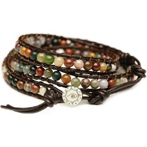 Genuine Leather Bracelet with India Agate Beads, Stainless Steel Snap Button Lock, 3-Wrap Adjustable Design - 1 of 4