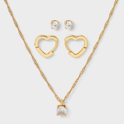 14K Gold Dipped Cubic Zirconia Bezel Necklace and Huggie Stud Earring Set 3pc - A New Day™ Gold