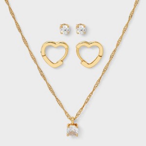 14K Gold Dipped Cubic Zirconia Bezel Necklace and Huggie Stud Earring Set 3pc - A New Day™ Gold - 1 of 4