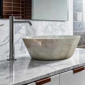 Beige Marble Conical Vessel Sink – 16.53 Inch Handcrafted Stone Basin, Polished Natural Marble Bathroom Sink, Durable V-Shaped Vanity Sink - 1 of 3