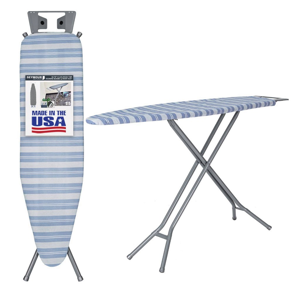 Seymour Home Products 4 Leg Mesh Top Ironing Board with Iron Rest Blue Stripe: Full Size, Adjustable, Steel Frame