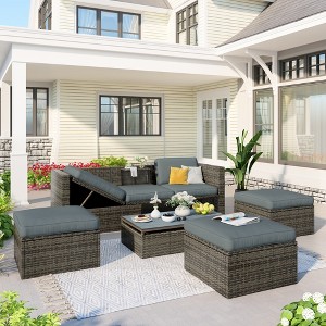 5-Piece Outdoor Patio Wicker Sofa Set with Adustable Backrest, Coversation Set with Lift Top Coffee Table - ModernLuxe - 1 of 4
