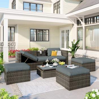 5-Piece Outdoor Patio Wicker Sofa Set with Adustable Backrest, Coversation Set with Lift Top Coffee Table - ModernLuxe