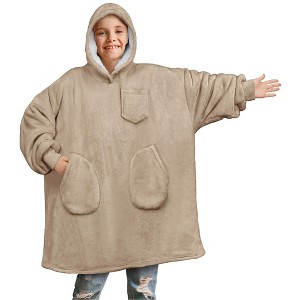 PAVILIA Wearable Blanket Sweatshirt for Kids Boy Girl, Warm Cozy Oversized Giant Hoodie, Fleece Faux Shearling Two Pocket - 1 of 4