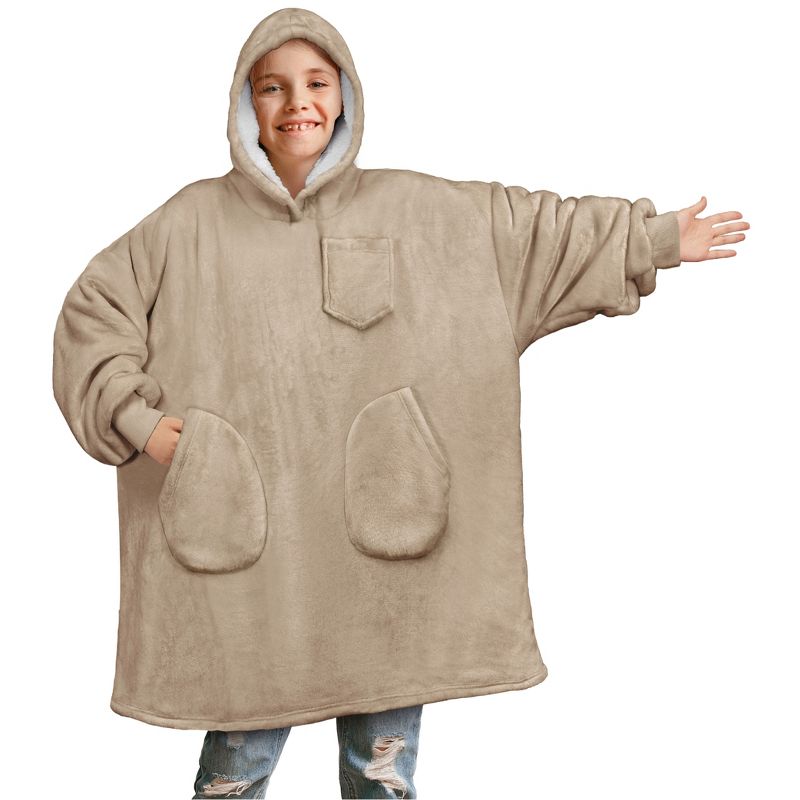 PAVILIA Wearable Blanket Sweatshirt for Kids Boy Girl, Warm Cozy Oversized Giant Hoodie, Fleece Faux Shearling Two Pocket, 1 of 8