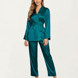 Anna-Kaci Lounge Women's 2-Piece Set Satin Wrap Long Sleeve Belted Top and Wide Leg Pants - 1 of 4