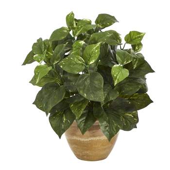 Nearly Natural 14-in Pothos Artificial Plant in Ceramic Planter