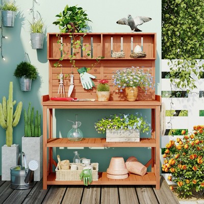65" Garden Shed Storage Shelves Outdoor Plant Stand Flower Display Rack Wooden Patio Workstation 3-Tier Potting Workbench-The Pop Home