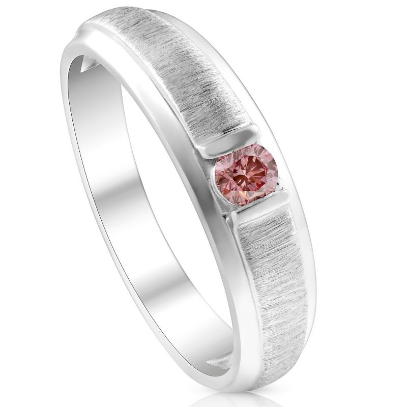 Pompeii3 Mens Brushed Pink Diamond Lab Created Wedding Brushed Anniversary Ring White Gold, 2 of 5