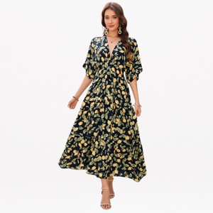casual long flowy dresses YESFASHION Womens Deep V Neck Flutter Short Sleeve Tiered Maxi Dress Summer High Waist Printed Dress : Target casual summer maxi dresses